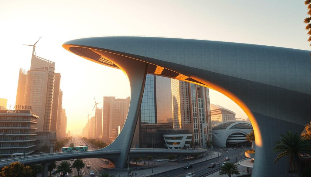 a highly detailed, photorealistic scene of an innovative urban civil engineering project in a futuristic city, bathed in warm, golden hour lighting. in the foreground, a towering, sculptural pedestrian bridge made of sleek, sinuous concrete forms and gleaming glass panels arches gracefully over a bustling avenue, its organic silhouette contrasting with the angular high-rises in the middle ground. in the background, a series of cutting-edge sustainable infrastructure elements are visible, such as green roofs, wind turbines, and solar panels integrated seamlessly into the cityscape. the overall composition conveys a sense of dynamic, forward-thinking urban design that prioritizes both functionality and aesthetics, creating a harmonious and visually striking vision of the future of civil engineering in resilient, livable cities.