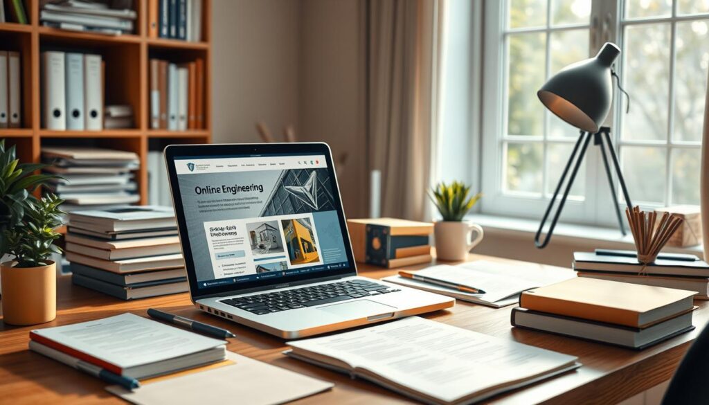 a highly detailed, realistic, and visually stunning digital illustration of a workspace for an online engineering student, featuring a laptop, textbooks, and study materials arranged on a wooden desk in a well-lit home office environment. The laptop screen displays web pages with information about online engineering degrees, with a warm, inviting color palette and soft, natural lighting coming from a window in the background. The composition should convey a sense of focus, productivity, and the advantages of pursuing an online engineering education while balancing work and life commitments.