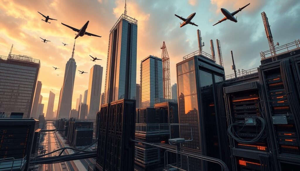 a highly detailed, wide-angle, 4k photograph of advanced digital infrastructure solutions for smart cities, including server racks, fiber optic cables, wireless antennas, and blockchain nodes, all set against a backdrop of futuristic skyscrapers and hovering drones, with a warm, saturated color palette and dramatic lighting that emphasizes the scale and complexity of the modern urban technological ecosystem