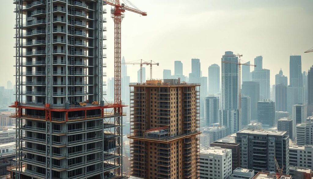a highly detailed, wide-angle photograph of an active urban construction site, featuring a towering high-rise building under construction in the foreground, with cranes, scaffolding, and workers visible. in the middle ground, smaller residential and commercial buildings are also undergoing renovations, with machinery and workers visible. the background is filled with a skyline of modern skyscrapers, partially obscured by a hazy, overcast sky. the image has a gritty, industrial feel, with a focus on the technical aspects of the construction process, such as the use of heavy equipment, steel frames, and intricate scaffolding systems. the lighting is natural, with shadows and highlights emphasizing the texture and depth of the scene. the overall atmosphere conveys the energy and dynamism of an urban landscape in a state of constant transformation.