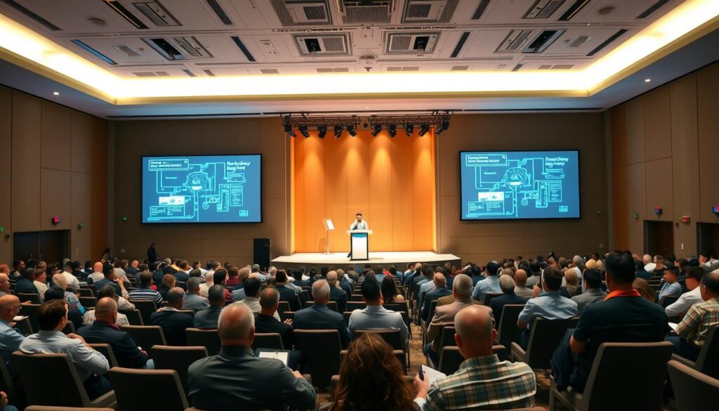 a large conference hall with rows of seats and a raised stage at the front, filled with attendees listening to a speaker at the podium. the stage is brightly lit with soft lighting, creating a warm, professional atmosphere. the audience is engaged, some taking notes, others nodding in agreement. the walls are adorned with large projection screens displaying technical diagrams and schematics related to broadcast engineering. the room has a modern, high-tech feel, with sleek furniture and clean lines. the overall scene conveys a sense of collaboration, knowledge-sharing, and a focus on the latest advancements in the field of broadcast technology.