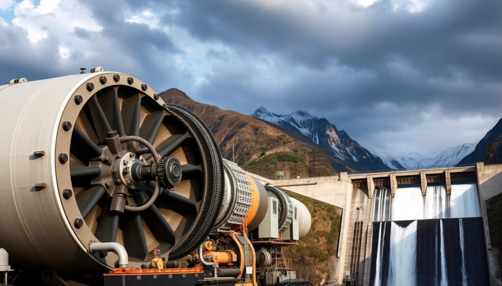 a large, modern hydroelectric generator station, set against the backdrop of a scenic mountainous landscape. The foreground features the massive turbine and generator assembly, with intricate mechanical details and exposed engineering components. The middle ground showcases the concrete dam structure, with water cascading over the spillway. The background depicts towering, snow-capped peaks, with a dramatic cloudy sky overhead. The scene is illuminated by natural lighting, creating deep shadows and highlights that accentuate the industrial machinery. The overall atmosphere conveys a sense of power, efficiency, and the harmonious integration of technology with the natural environment.