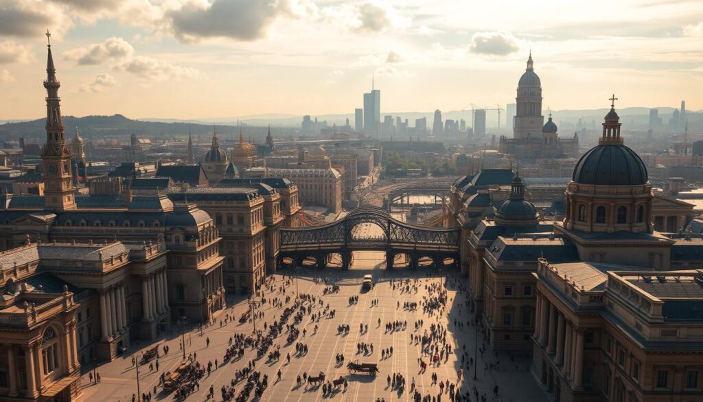 a large, sprawling cityscape of historical urban infrastructure, featuring a mix of classical and neo-gothic architectural styles, with towering spires, ornate facades, and grand domes illuminated by warm, golden sunlight filtering through wispy clouds. The foreground is dominated by a bustling thoroughfare lined with horse-drawn carriages, trolleys, and pedestrians going about their daily lives, while the middle ground showcases a network of intricate bridges, elevated railways, and towering skyscrapers, all set against a backdrop of rolling hills and a distant skyline. The scene conveys a sense of timeless grandeur and the steady evolution of urban development over the centuries.