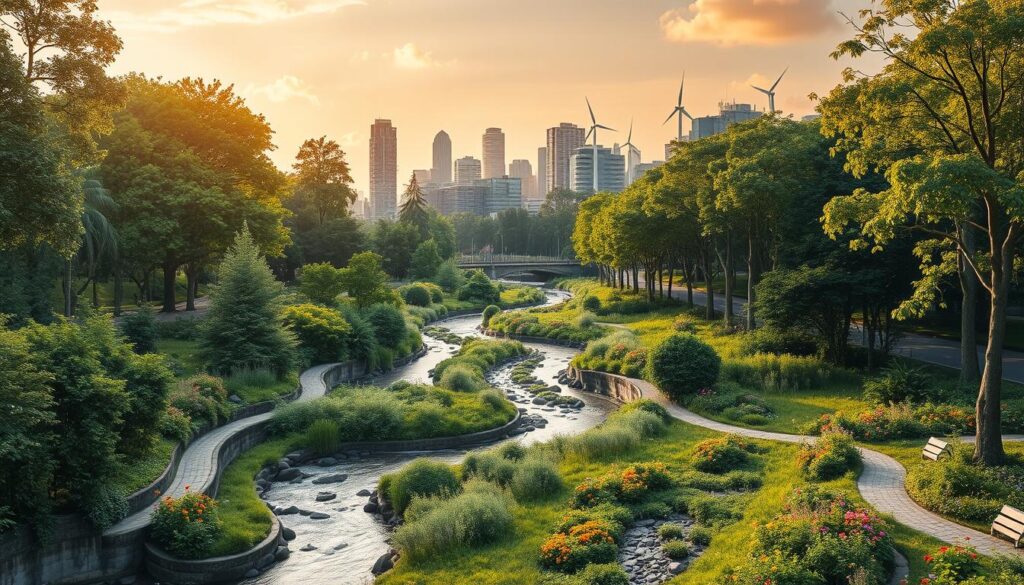 a lush, verdant landscape with towering trees, flowing rivers, and vibrant wildflowers. in the foreground, a network of interconnected green infrastructure elements, such as bioswales, rain gardens, and permeable pavement, seamlessly blending into the natural environment. the middle ground features a diverse array of sustainable urban design features, including green roofs, urban forests, and community gardens. in the background, a modern city skyline emerges, its buildings adorned with solar panels and wind turbines, symbolizing the integration of renewable energy and climate-resilient architecture. the scene is bathed in warm, golden sunlight, casting a sense of hope and optimism. the overall composition conveys a harmonious balance between nature and technology, showcasing innovative climate resilience strategies that enhance the livability and sustainability of urban spaces.
