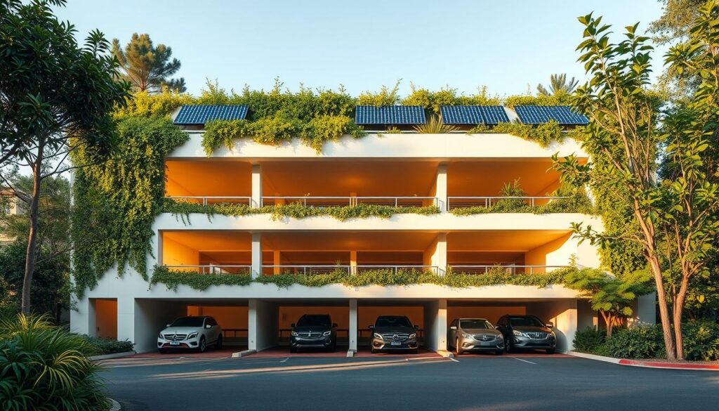 a modern sustainable parking structure with a facade of greenery and solar panels, surrounded by lush vegetation and a clean, minimalist architectural design, bathed in warm natural light with a focus on efficient use of space and environmental impact reduction