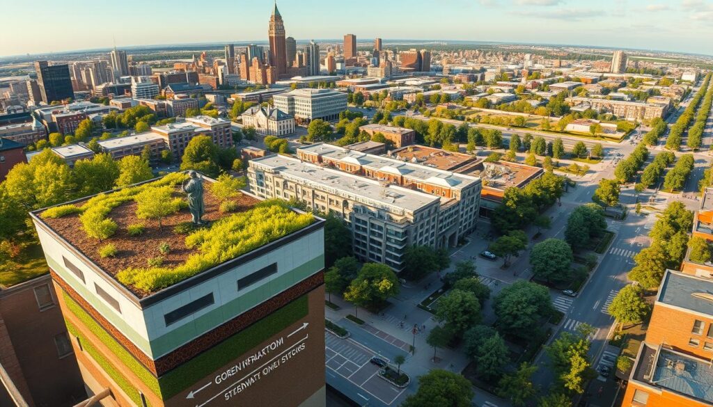 a panoramic aerial view of a city skyline with a focus on various green infrastructure elements, such as green roofs, urban gardens, tree-lined streets, and permeable paving. The foreground features a detailed cross-section diagram highlighting the internal components and functionality of a green roof system, including soil layers, drainage, and vegetation. The middle ground showcases a mixed-use development with buildings integrated with green walls, rain gardens, and stormwater management systems. The background depicts a network of connected green spaces, parks, and pedestrian-friendly corridors, creating a cohesive and sustainable urban landscape. The lighting is natural, with soft, diffused illumination and a warm, vibrant color palette that emphasizes the lush, verdant nature of the green infrastructure. The overall composition conveys a sense of harmony between the built and natural environments, reflecting the benefits of integrating green solutions into urban planning and design.