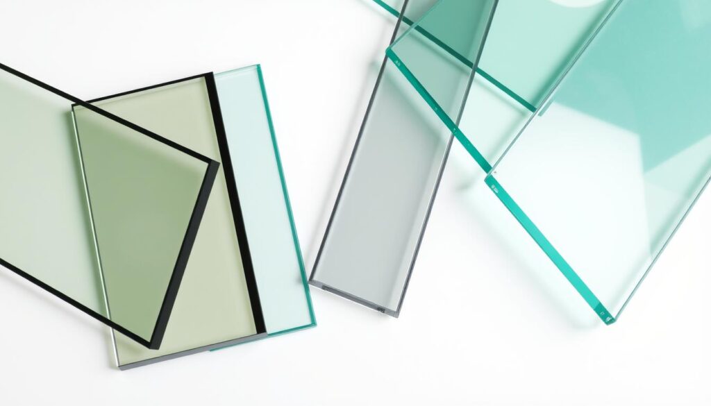 a photo of various hurricane-resistant glazing materials, including tempered glass, laminated glass, and impact-resistant polycarbonate sheets, arranged on a clean white background with soft, even lighting from the top and sides, creating a high-quality, detailed product shot showcasing the materials' visual characteristics, structural properties, and potential applications in hurricane-resistant building construction
