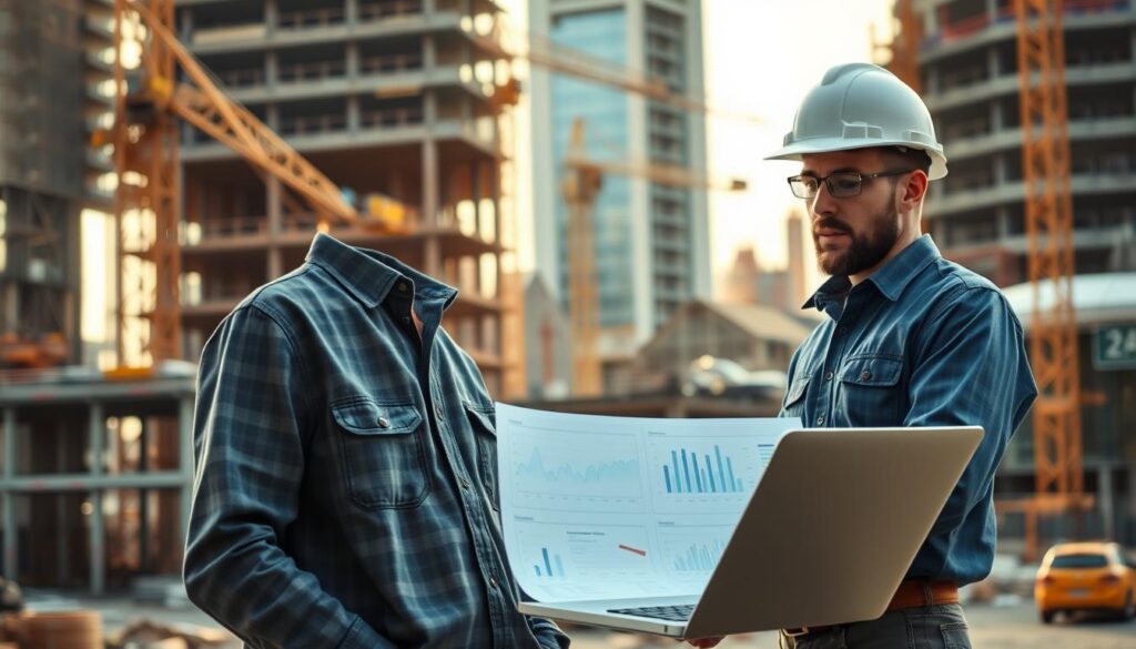 a realistic image of a civil engineering career, with a focus on salary expectations. The foreground should depict a civil engineer standing in front of a laptop, reviewing financial data and charts. The middle ground should show a construction site in the background, with cranes, scaffolding, and ongoing projects. The lighting should be natural, with a warm, professional tone. The overall mood should convey a sense of thoughtful analysis and financial planning. The angle should be slightly elevated, giving a broad, comprehensive view of the scene.
