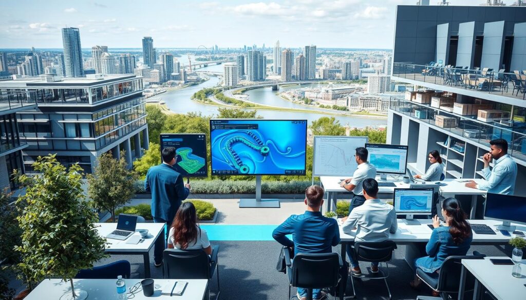 a scene of a university campus in the foreground, with students and professors collaborating on water engineering projects, surrounded by modern, well-equipped laboratories and classrooms. In the middle ground, there are visualization displays and interactive whiteboards showcasing the latest water simulation software and data analysis tools. In the background, a panoramic view of a city skyline with a river or waterway, emphasizing the real-world applications of the water engineering research and education taking place. The lighting is bright and natural, capturing the energy and innovation of the collaborative learning environment. The camera angle is slightly elevated, giving a sense of the scale and interconnectedness of the water engineering capacity building efforts.