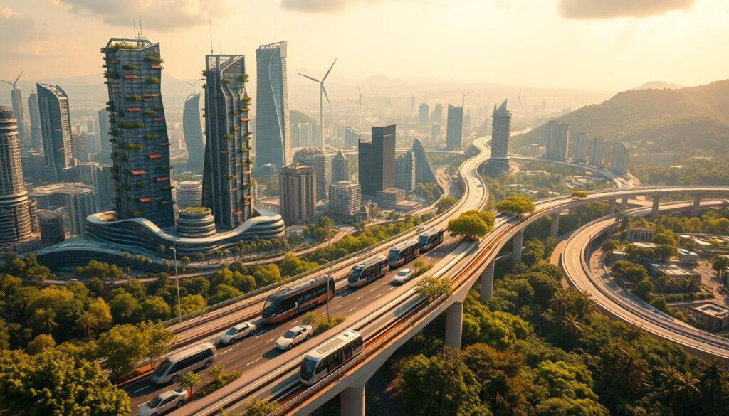 a sprawling cityscape of the future, showcasing innovative sustainable infrastructure trends. in the foreground, sleek electric vehicles and automated transit systems glide along elevated roadways, powered by renewable energy sources. in the middle ground, towering eco-skyscrapers with lush vertical gardens, solar panels, and wind turbines dot the skyline. in the background, sprawling green spaces and urban forests blend seamlessly with the built environment, creating a harmonious, eco-friendly landscape. the scene is bathed in a warm, golden light, conveying a sense of progress and optimism for a sustainable future. the image should evoke a futuristic, utopian vision of urban living that prioritizes community, sustainability, and innovation.