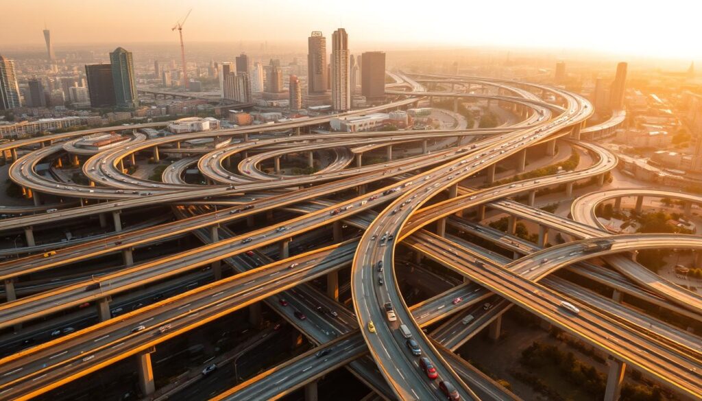 a sprawling highway interchange, with multiple levels of overpasses and off-ramps, cutting through a densely populated urban landscape. The scene is bathed in the warm glow of the setting sun, casting long shadows and creating a sense of depth and scale. In the foreground, a complex web of concrete and steel girders support the various lanes of traffic, with vehicles of all sizes navigating the intricate network. In the middle ground, skyscrapers and high-rise buildings rise up, their glass facades reflecting the warm hues of the sky. The background is filled with a hazy, atmospheric perspective, hinting at the vastness of the city beyond. The overall mood is one of dynamic movement and the engineering prowess required to construct such an intricate and functional transportation system.