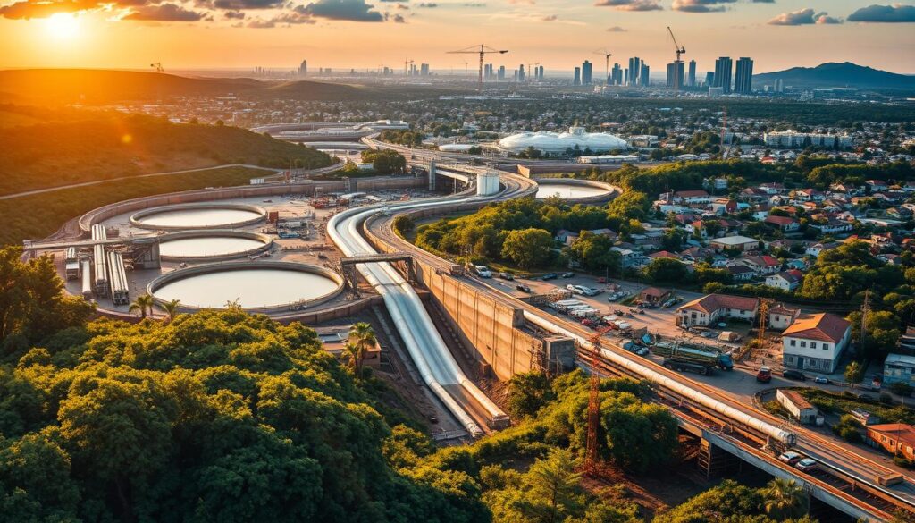 a sprawling network of pipes, reservoirs, and treatment facilities nestled amidst lush greenery and a vibrant urban landscape, bathed in the warm glow of a setting sun. In the foreground, construction crews busily assemble new infrastructure, while in the middle ground, a gleaming aqueduct carries life-giving water to the surrounding neighborhoods. The background features towering skyscrapers and a skyline that speaks to the city's dynamic growth and development. The overall scene conveys a sense of progress, sustainability, and the vital importance of water infrastructure in supporting a thriving modern metropolis.
