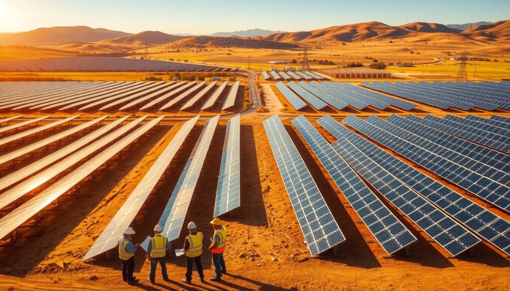 a sprawling solar farm set against a picturesque landscape, with rows of sleek, modern solar panels arranged in a symmetrical grid pattern, glistening in the warm afternoon sunlight. in the foreground, a group of engineers and technicians are gathered, discussing plans and blueprints, their protective gear and safety equipment indicating the technical nature of their work. in the middle ground, a network of winding access roads and electrical infrastructure is visible, while in the distance, rolling hills and a clear blue sky provide a serene backdrop. the overall scene conveys a sense of innovation, sustainability, and meticulous planning, reflecting the essential engineering processes involved in establishing a large-scale renewable energy project.
