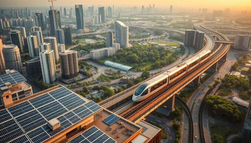 a sprawling urban landscape with skyscrapers, bridges, and roads, all designed with a focus on sustainability and environmental harmony. In the foreground, a network of solar panels adorns the rooftops, harnessing the sun's energy to power the city. In the middle ground, a sleek electric train glides along elevated tracks, its energy-efficient design reducing carbon emissions. In the background, lush green parks and gardens dot the cityscape, providing natural habitats and recreational spaces for the community. Warm, golden lighting illuminates the scene, creating a serene and inviting atmosphere. The overall impression is one of a thriving, eco-conscious metropolis that prioritizes the well-being of its inhabitants and the surrounding environment.
