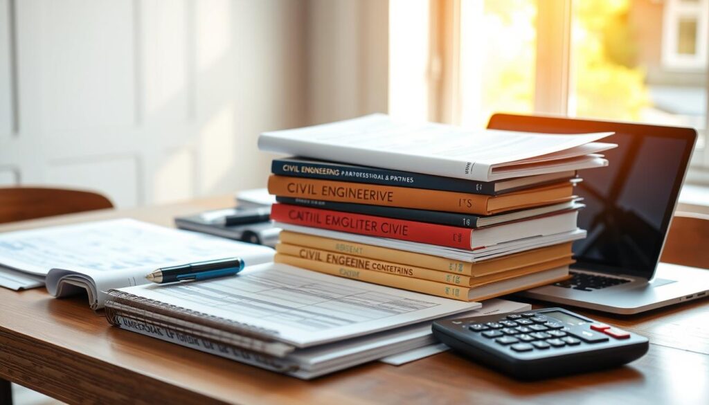 a stack of civil engineering textbooks, notebooks, and papers on a wooden desk, with a laptop, calculator, and drafting tools surrounding them, the scene illuminated by warm natural light filtering through a window, creating a cozy and productive atmosphere for academic study and research