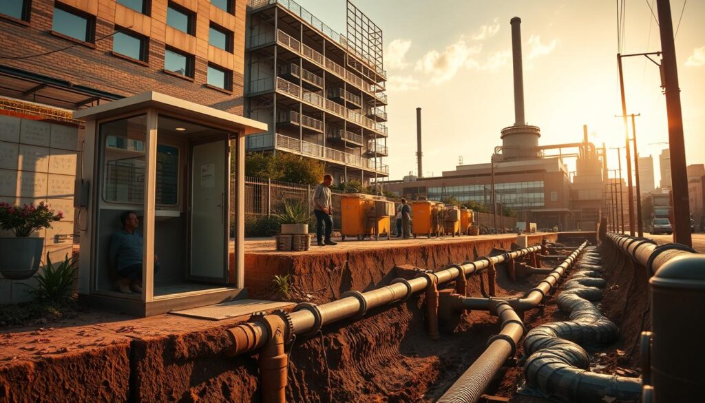 a stunning, detailed cityscape depicting innovative urban sanitation solutions, shot from a low angle with a wide-angle lens to capture the full scale and depth of the scene. In the foreground, a community-led initiative showcases a well-designed public restroom facility, with an emphasis on accessibility, hygiene, and environmental sustainability. The middle ground features a network of underground pipes and sewers, with maintenance workers tending to the infrastructure. In the background, a modern waste treatment plant stands tall, its sleek architecture and advanced technology symbolizing the city's commitment to progressive sanitation practices. The scene is bathed in warm, golden lighting, creating a sense of optimism and progress, conveying the idea of a thriving, livable urban environment where community engagement and education play a vital role in addressing crucial sanitation challenges.