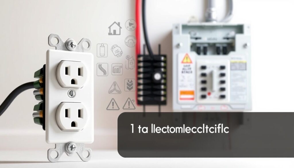 a technical diagram illustrating electrical safety principles for beginners, with a focus on understanding local electrical codes. in the foreground, a detailed cutaway view of a standard electrical outlet, highlighting the ground, neutral, and hot wire connections. in the middle ground, various electrical safety symbols and icons, such as circuit breakers, surge protectors, and warning labels. in the background, a clean, white-toned technical illustration of a residential electrical service panel, showcasing the main breakers and fuse box. the scene is lit by soft, diffused lighting, creating a clean, informative, and educational aesthetic suitable for an article on home electrical repairs.