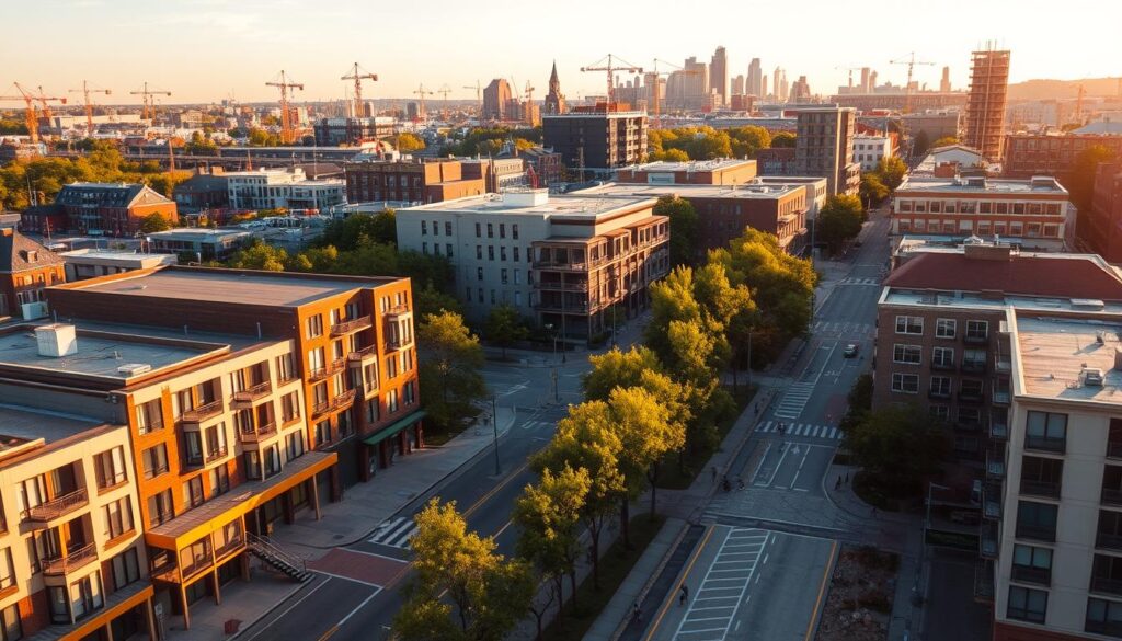 a vibrant urban cityscape undergoing a process of renewal and revitalization, bathed in warm, golden afternoon light. In the foreground, a bustling community center stands tall, its modern architecture and inviting public spaces representing the social heart of the neighborhood's transformation. Surrounding it, newly constructed mixed-use buildings with diverse housing options and ground-floor retail create a lively, pedestrian-friendly atmosphere. In the middle ground, a network of tree-lined streets and bike lanes encourage sustainable modes of transportation, while in the background, the silhouettes of cranes and construction equipment signal the ongoing evolution of the urban landscape. The scene conveys a sense of optimism, progress, and a commitment to enhancing the quality of life for the local community.