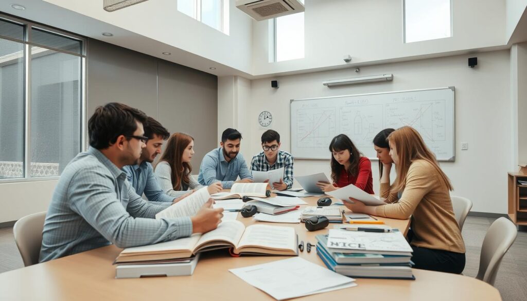 a well-lit classroom with high ceilings and large windows, students gathered around a table intently studying engineering textbooks and materials, a whiteboard in the background displaying complex formulas and diagrams, a focused and determined atmosphere, the room filled with the hum of discussion and the occasional scratch of pencils, a sense of camaraderie and shared purpose as the students prepare for the upcoming PE civil exam, a meticulously organized learning environment designed to build a strong foundation for success