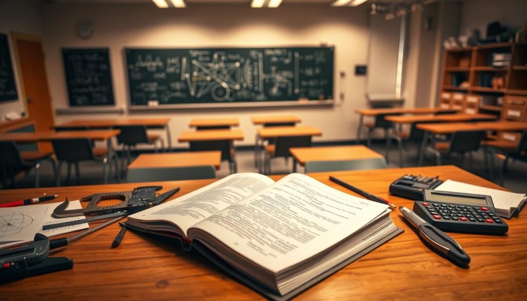 a well-lit, high-angle shot of an engineering curriculum, with a detailed textbook on a wooden desk in the foreground, surrounded by a variety of technical tools and gadgets such as a protractor, a calculator, and a pair of calipers. In the middle ground, a chalkboard or whiteboard displays formulas, diagrams, and schematics, while in the background, rows of desks and chairs suggest a bustling engineering classroom. The lighting is warm and inviting, with a soft, natural glow that highlights the materials and creates a sense of focus and concentration. The overall atmosphere conveys the academic rigor and practical application of an engineering education.
