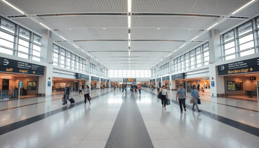 airport terminal wayfinding, spacious and modern interior with high ceilings and abundant natural light, clean lines and minimalist design, intuitive layout with clear signage and directional cues, travelers navigating through the concourse with a sense of calm and purpose, a wide central thoroughfare flanked by gates and amenities, subtle use of colors and materials to define different zones, a mix of static and dynamic wayfinding elements, a balanced composition that emphasizes functionality and passenger experience, captured with a wide-angle lens to convey the scale and grandeur of the space, a serene and welcoming atmosphere that sets the tone for a smooth airport journey