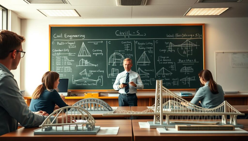 civil engineering education, classroom setting with students and professor, chalkboard with engineering diagrams and formulas, 3D models of bridges and structures on desks, interactive learning environment, warm lighting from windows, shallow depth of field, high detail and realism, dramatic and inspiring mood, centered composition, no people