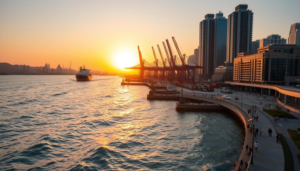 coastal development, bustling port city with towering skyscrapers and modern architecture, cranes and ships in the harbor, sun setting over the waterfront, warm golden lighting, long exposure shot capturing the movement of the waves, reflections of the buildings in the calm waters, people strolling along the promenade, a sense of economic prosperity and efficient maritime operations