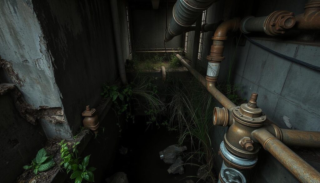 crumbling concrete water pipes, rusted metal valves and fittings, overgrown vegetation reclaiming a neglected urban water treatment facility, dim natural lighting filtering through decaying infrastructure, a sense of decay and abandonment conveying the need for water system upgrades, high-angle view to emphasize the scale of the aging infrastructure, muted color palette of grays, browns, and greens to set a somber, deteriorating tone