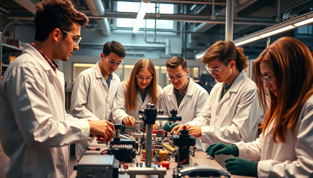 engineering students gathered in a modern, well-equipped university lab, wearing white lab coats and safety goggles, working on a complex engineering project with a variety of tools and equipment, the scene illuminated by warm, directional lighting from above, creating a focused, industrious atmosphere that conveys the idea of students preparing for their future careers