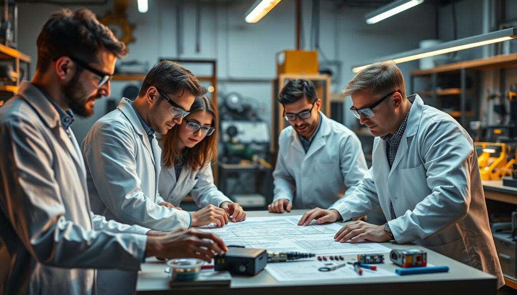 engineers in a development lab or workshop, wearing lab coats and safety goggles, gathered around a table examining technical schematics and prototypes, the warm glow of task lighting casting shadows across their faces, conveying a sense of focused collaboration and problem-solving, with an array of high-tech equipment and tools in the background hinting at the complexity of their work