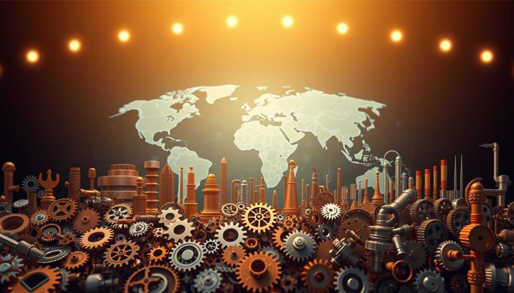 evolution of global engineering norms, depicted through a dynamic, layered visualization. In the foreground, a diverse array of engineering symbols and icons representing various disciplines and regions. In the middle ground, a global network of interconnected gears, cogs, and pipes, symbolizing the interwoven nature of engineering standards. In the background, a time-lapse sequence showcasing the gradual transformation of these standards over decades, with shifting shapes, sizes, and configurations. Lighting is warm and inviting, with a soft, diffused glow to convey a sense of progress and innovation. The overall composition should evoke a sense of the dynamic, ever-evolving landscape of global engineering norms.