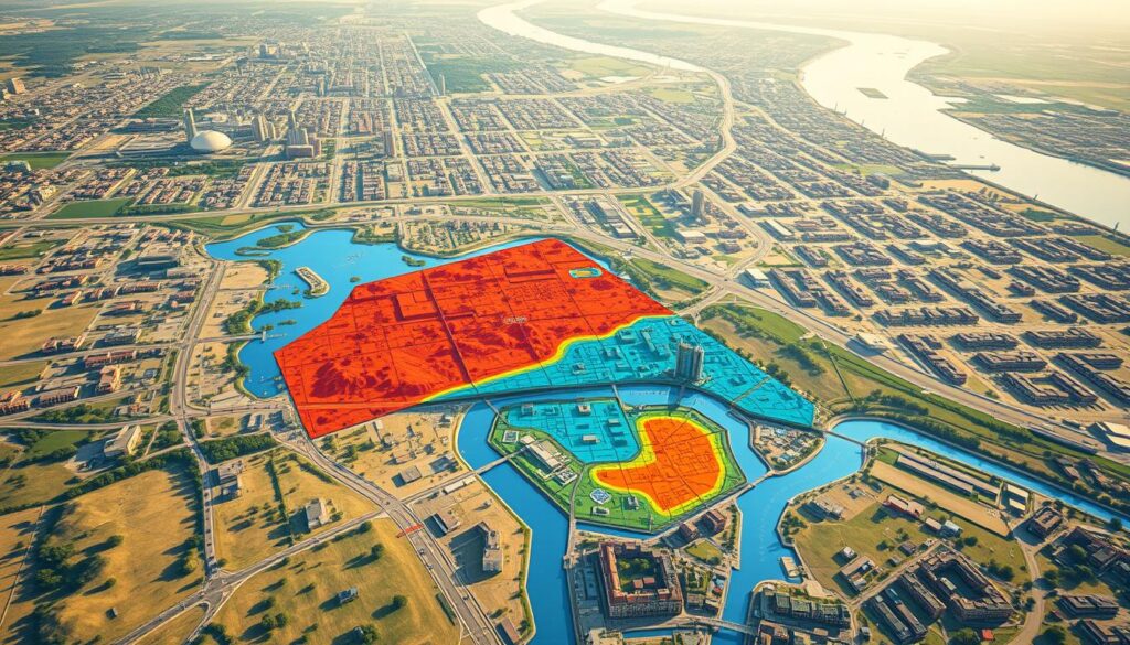 flood zone mapping, detailed topographical map of a city showing areas prone to flooding, with color-coded risk levels, roads, buildings, and landmarks clearly visible, aerial perspective with a slight bird's-eye view, warm afternoon lighting with soft shadows, high resolution, photorealistic, muted color palette, emphasis on data visualization and analysis