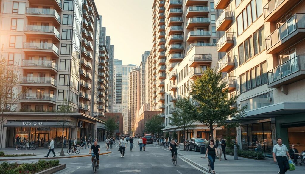 high-density urban infill development, modern apartment buildings with glass facades and balconies, streets lined with shops and cafes, people walking and cycling, warm afternoon sunlight, wide-angle lens capturing the vibrant atmosphere of a thriving city neighborhood, sense of energy and progress, clean architectural lines, hints of greenery and public spaces, a harmonious blend of old and new, a vision of sustainable urban living