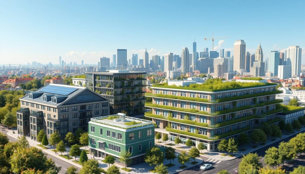high-quality 3D architectural renderings of three distinct green building case studies, set against a backdrop of a vibrant, sustainable city skyline, with a focus on energy-efficient design, renewable materials, and innovative construction techniques. The foreground features detailed models of residential, commercial, and institutional green buildings, showcasing their unique architectural styles and sustainable features such as solar panels, green roofs, and natural ventilation systems. The middle ground depicts the urban landscape, with lush greenery, pedestrian-friendly streets, and a mix of modern and traditional buildings. The background is a panoramic view of the city, with towering skyscrapers and a clear, blue sky, conveying a sense of progress and environmental responsibility. The overall mood is one of optimism, innovation, and a commitment to sustainable development.