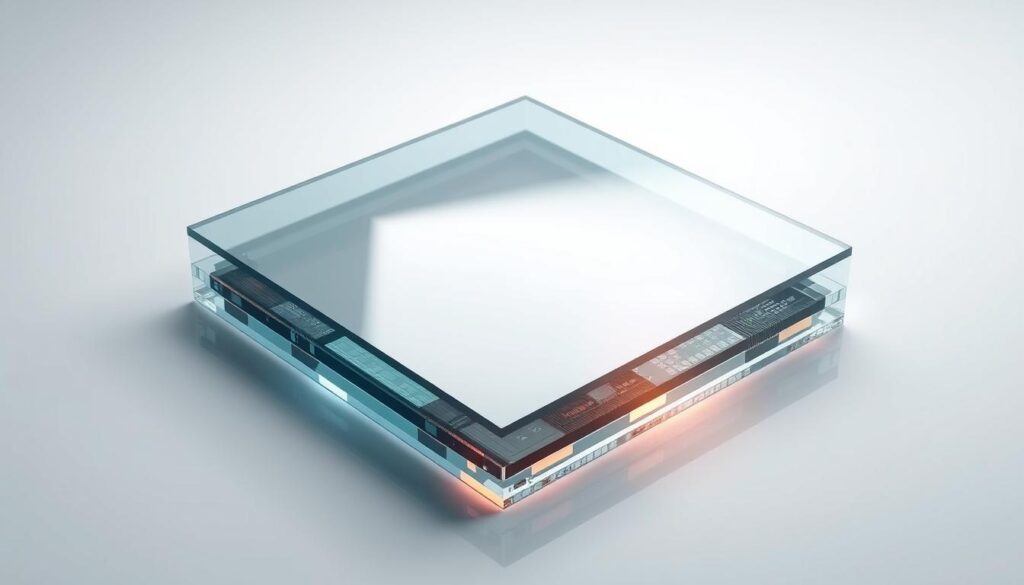 high-quality 3D render of a smart glass panel with advanced technology, showing the internal structure and components, such as electrochromic layers, conductive coatings, and integrated circuitry, against a clean, minimalist background with subtle reflections and a soft, diffused lighting setup that highlights the technical details and the sleek, modern design of the glass panel