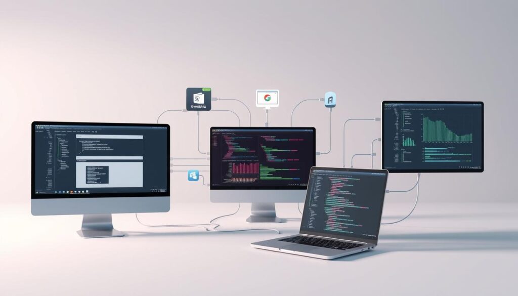 high-quality, detailed, cinematic 3D render of software integration, showing multiple software programs seamlessly connected and communicating with each other through various interface cables, data flows, and visual elements, set against a clean, minimalist background with soft lighting and a subtle, muted color palette to convey a sense of technology, efficiency, and interconnectivity