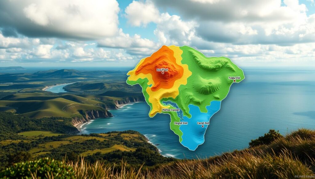 high quality, detailed, photorealistic, digital illustration of a flood zone mapping, showing a topographic map with distinct regions demarcated by different colors indicating flood risk levels, with a clear legend and scale, set against a backdrop of a coastal landscape with rolling hills, lush vegetation, and a partly cloudy sky, with natural lighting and depth of field effects, creating a sense of depth and realism.