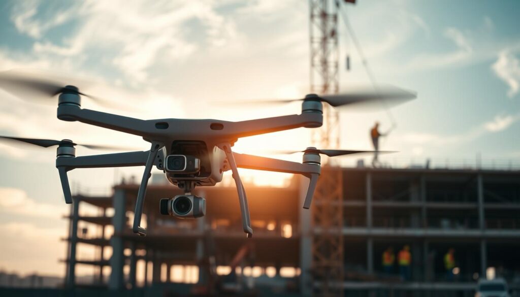 high-quality, highly detailed, photorealistic image of a drone equipped with camera and sensor technology, hovering over a construction site, with workers and heavy machinery in the background, all set against a clear blue sky with wispy clouds, the scene bathed in warm, golden afternoon sunlight, the drone's movements and the construction activities captured with a sharp, cinematic focus, conveying the seamless integration of advanced aerial technology in the world of civil engineering.