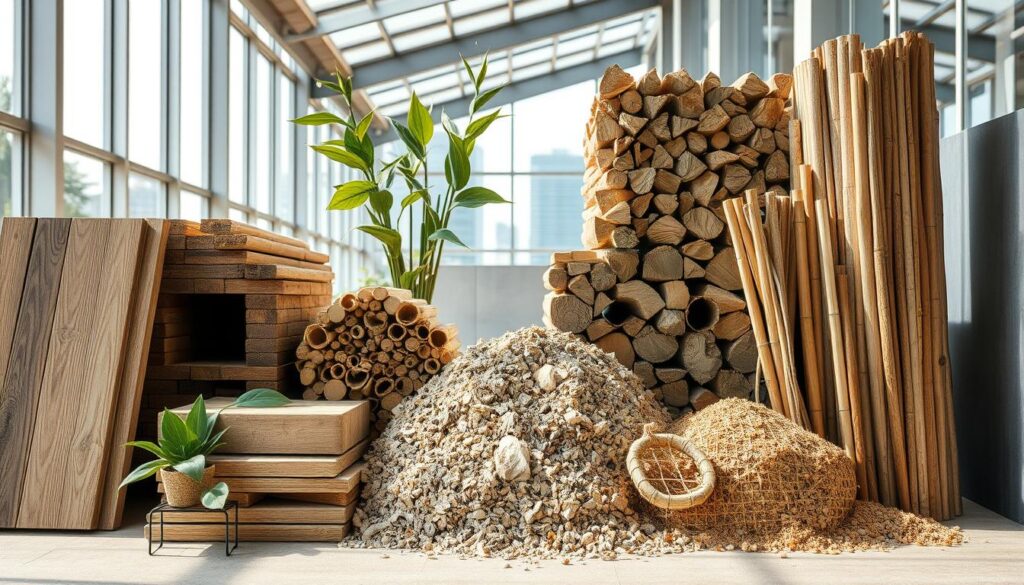 high-quality sustainable construction materials, including reclaimed wood, bamboo, rammed earth, and recycled plastic, arranged in a visually appealing composition with natural lighting, a clean and minimalist aesthetic, and a focus on the tactile, organic qualities of the materials, set against a backdrop of a modern, energy-efficient building or urban landscape, conveying a sense of environmentally responsible design and innovation in the construction industry
