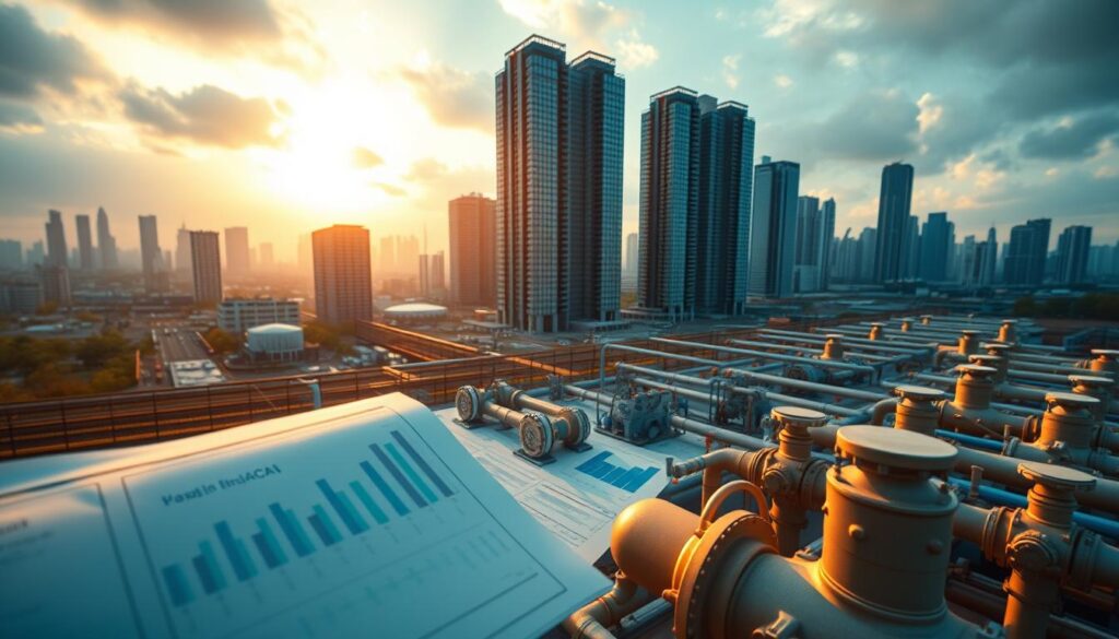 high-resolution, hyper-detailed 3D render of a water infrastructure asset management scene, cinematic lighting, wide angle lens, golden hour atmosphere, foreground showing financial documents and spreadsheets with charts and graphs, middle ground depicting a team of engineers and analysts reviewing digital models and schematics of water treatment facilities, background showcasing a vast urban landscape with towering skyscrapers and a network of pipes, pumps, and valves against a cloudy sky