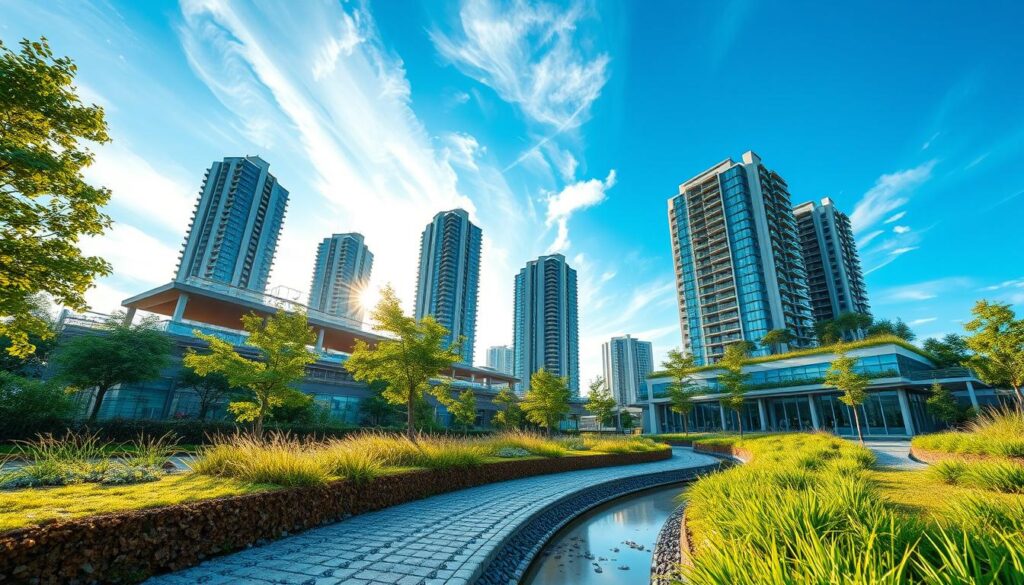 highly detailed, realistic illustration of green infrastructure engineering, wide angle shot from a low perspective, showing a variety of sustainable construction elements in the foreground, such as permeable pavement, vegetated swales, bioretention cells, and green roofs, with a backdrop of modern high-rise buildings in the middle ground, and a clear blue sky with wispy clouds in the background, warm natural lighting illuminating the scene, with a focus on the integration of natural and engineered systems, conveying a sense of environmental harmony and progressive urban design