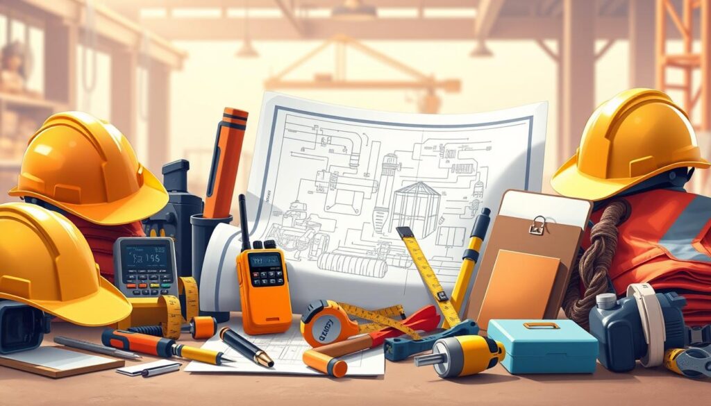 leadership tools for site engineers, detailed illustration of a worksite with hard hats, blueprints, construction tools, and other essential equipment for engineering leadership. Staged in a realistic, well-lit environment with natural shadows and depth of field. Warm, inviting color palette conveying professionalism and competence. Prominent placement of items like walkie-talkies, measuring tapes, safety vests, and clipboards to emphasize the hands-on, supervisory nature of the engineer's role. Careful composition to guide the viewer's eye to the core leadership tools and responsibilities.