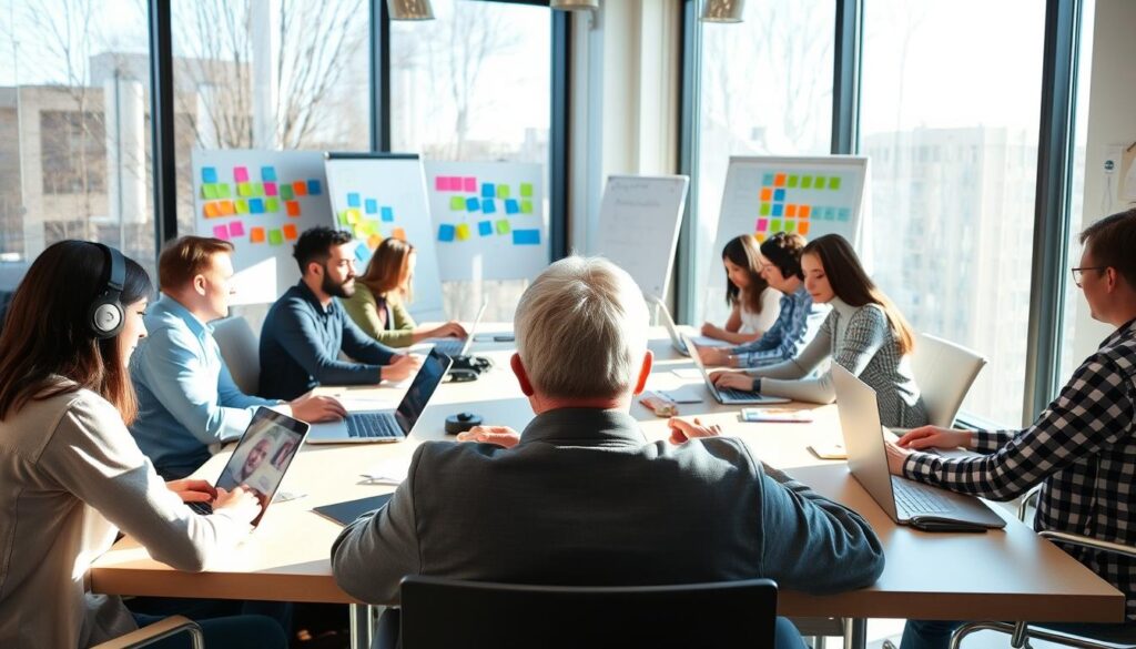 project coordinator overseeing a team meeting, sitting at the head of a long conference table, surrounded by team members focused on their laptops and papers, mid-morning sunlight streaming through large windows, giving the room a warm, productive atmosphere, colorful sticky notes and whiteboards visible in the background, a sense of organized collaboration and project progress