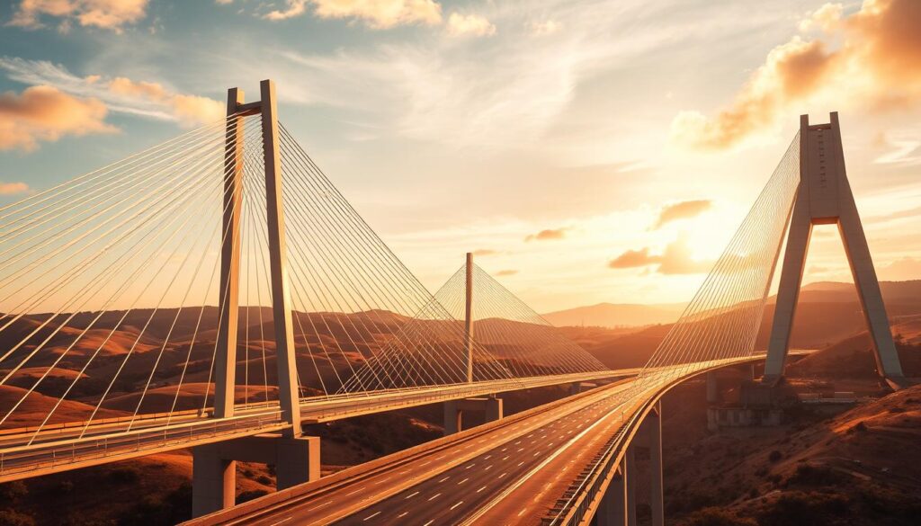 revolutionary bridge engineering solutions with advanced structural designs, featuring innovative materials and construction techniques that challenge traditional bridge-building paradigms. In the foreground, a sleek, modular suspension bridge with seamless cables and minimalist pylons that blend into the landscape. The middle ground showcases a transforming, adaptable bridge that can expand or contract its span to accommodate changing traffic flows or environmental conditions. In the background, a futuristic, self-adjusting bridge that harnesses renewable energy sources and employs advanced sensors to monitor structural integrity in real-time. The scene is bathed in a warm, golden light, evoking a sense of progress and technological prowess, set against a backdrop of rolling hills and a vibrant, dynamic skyline.