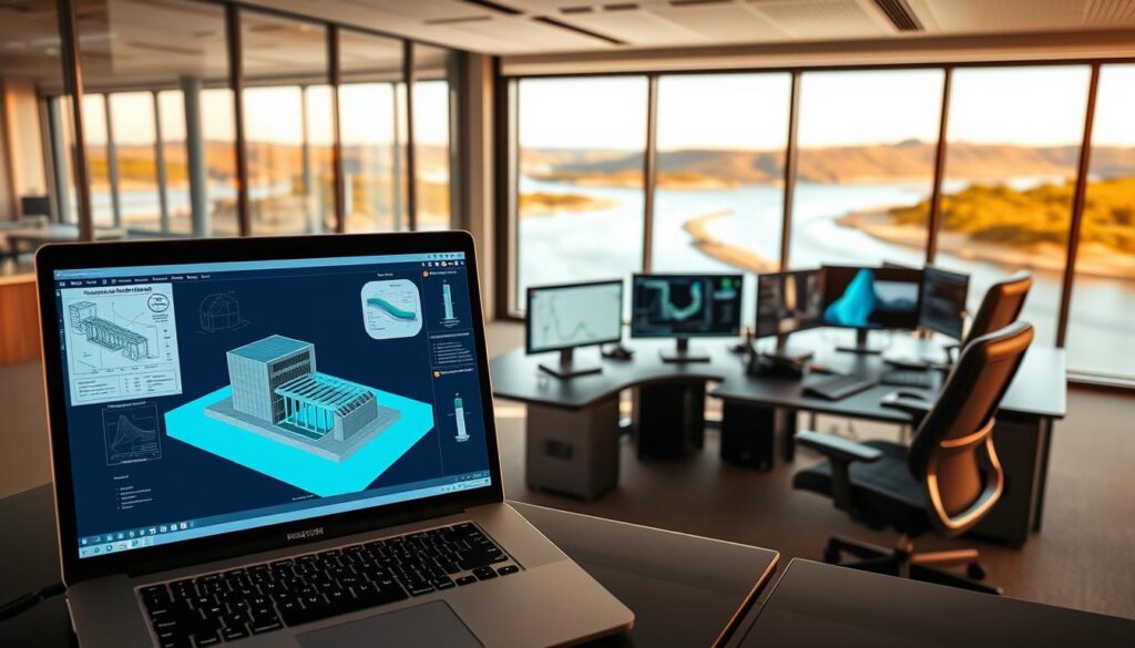water engineering software tools in a sleek, modern office setting. in the foreground, a laptop screen displays a 3D model of a hydraulic structure, with various engineering diagrams and data visualizations surrounding it. in the middle ground, an array of desktop computers, each running specialized water simulation and analysis software. the background features floor-to-ceiling windows overlooking a picturesque river or coastal landscape, bathed in warm, natural lighting. the overall atmosphere conveys a sense of technological sophistication and environmental consciousness in the field of water engineering.