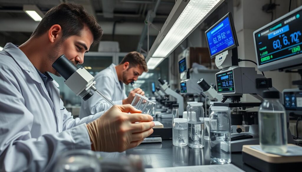 water quality monitoring techniques, high-resolution, detailed image of technicians testing water samples in a modern laboratory setting, with various scientific instruments and equipment such as microscopes, test tubes, and digital displays showing water quality parameters, bright lighting from overhead lamps, focused angles highlighting the hands and actions of the technicians, a clean, organized, and professional atmosphere, conveying the importance of accurate and reliable water quality monitoring for environmental protection and public health.