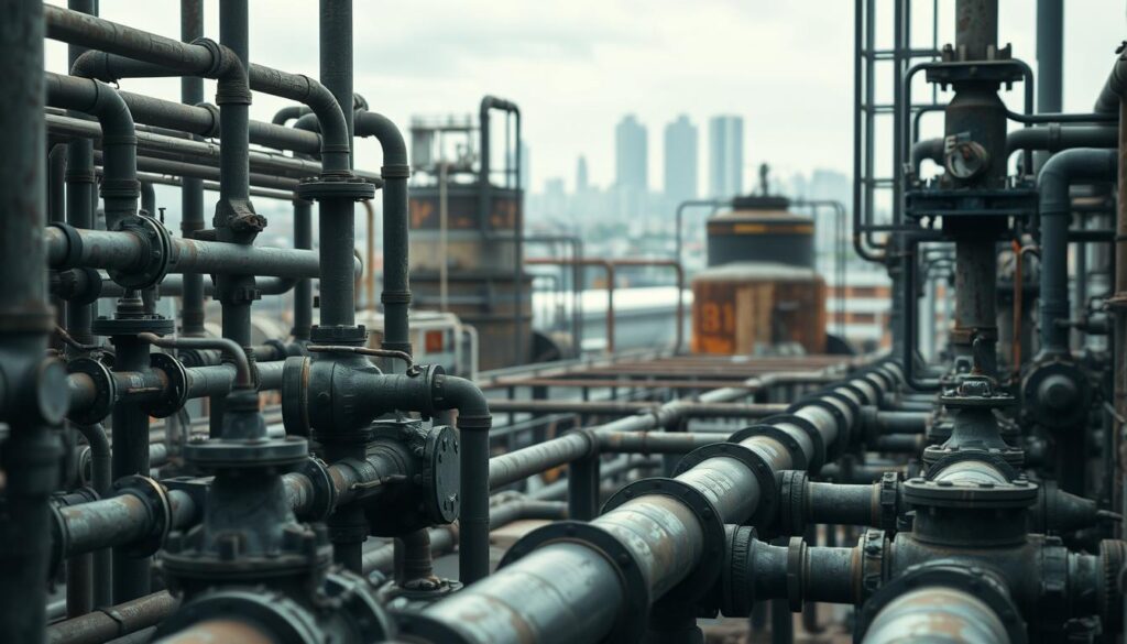 water system optimization, depicting aging and dilapidated water infrastructure with outdated pipes, valves, and treatment facilities. in the foreground, a complex network of pipes and valves representing the interconnected water distribution system. in the middle ground, an antiquated water treatment plant with rusting tanks and equipment, symbolizing the need for modernization. in the background, a blurred cityscape, hinting at the broader urban context. the scene should convey a sense of urgency and the need for strategic water infrastructure optimization, with muted, gritty tones and dramatic lighting to evoke a sense of aging and neglect. the overall composition should emphasize the technical complexity and scale of the water system, while conveying the challenges of maintaining aging infrastructure.